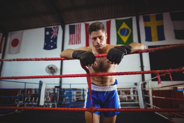 Boxer leaning on ropes in boxing ring after intense training session. Ideal for use in sports and fitness articles, motivational posters, athletic training programs, and advertisements for sports equipment or gyms.