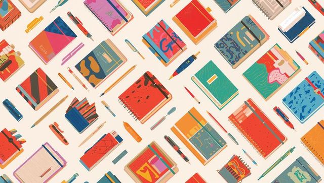 Showcasing vibrant diagonal stationery pattern with notebooks, journals, pens, pencils