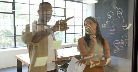 Colleagues brainstorming ideas on glass writing board