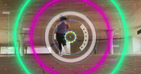 Futuristic data interface with runner in urban tunnel