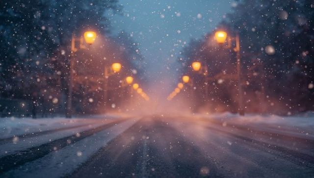 Snow-Covered Avenue with Streetlamps at Dusk