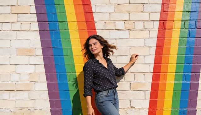 Woman leaning on rainbow mural painted white brick wall, casual street style portrait