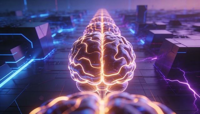 Glowing brain corridor on circuit board radiating neon veins and cybernetic data flow