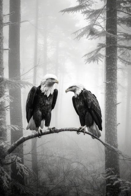 A pair of bald eagles perching on a branch in a misty forest creates a mystic and serene ambiance. Ideal for use in nature-related articles, wildlife conservation materials, educational content about birds of prey, or inspirational posters emphasizing the power and majesty of nature.