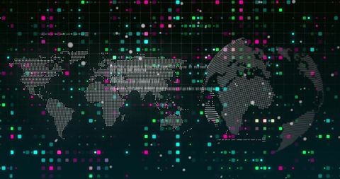 Digital World Map and Globe with Data Points on Virtual Grid