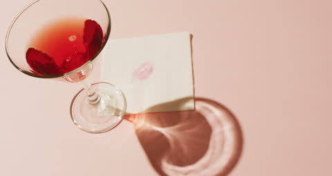 Romantic Red Cocktail with Lipstick Print on Napkin