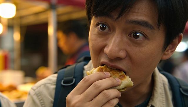 Asian man biting savory bun at bustling night market stall, closeup street food moment