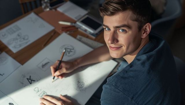 Young designer sketching logo concepts at wooden desk holding pencil and smiling