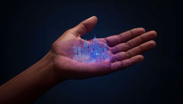 Hand holding neon holographic smart city with circuit glow futuristic digital skyline