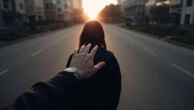 Reaching hand following woman walking down empty urban street toward golden sunset