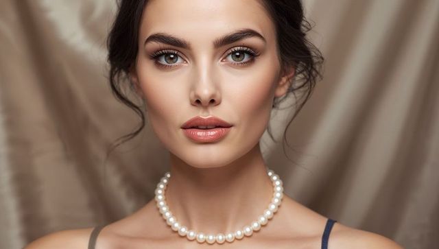 Gazing model wearing pearl necklace with satin backdrop, soft studio lighting, beauty