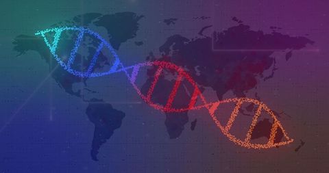 Colorful DNA Strand Across World Map Illustrating Global Science