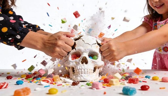 Cracking sugar skull explosion revealing colorful candies, family playful candy smash