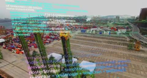 Drone Arrival at Dawn Revealing Gantry Cranes with Code Overlay