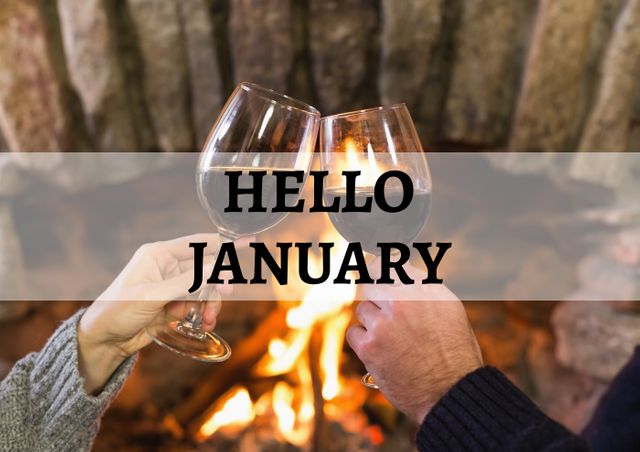 Two people clinking wine glasses in front of a cozy fireplace with 'Hello January' text. Ideal for representing New Year celebrations, winter holidays, intimate gatherings, or warming by the fire during cold months.