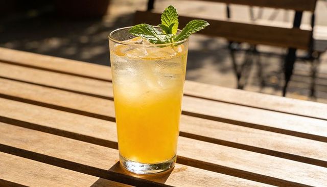 Sparkling orange mint cooler glowing on sunlit wooden patio table with ice and citrus peel