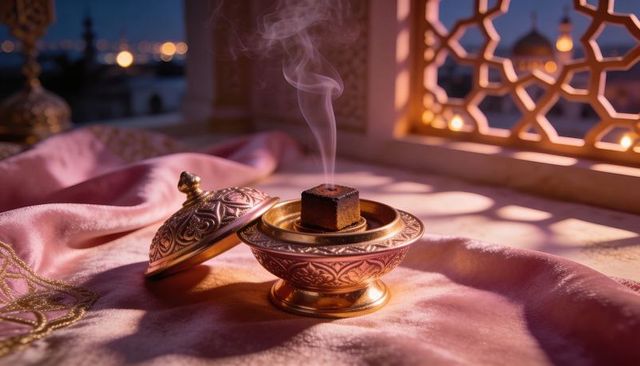 Golden brass incense burner releasing gentle smoke on pink satin by mashrabiya window at dusk