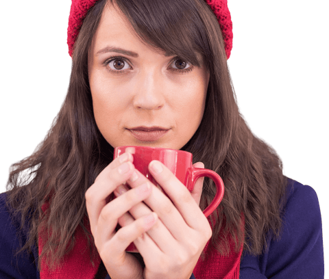 Serious Woman in Red Beanie Holding Mug on Transparent Background