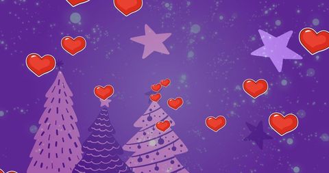 Festive Christmas Scene with Hearts and Violet Trees