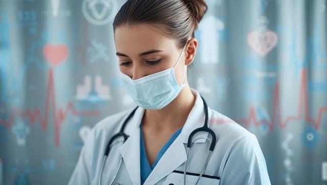 Female doctor wearing mask with stethoscope in clinical environment