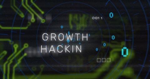 Glitch cyber hud for growth hacking with neon circuitry and radar rings