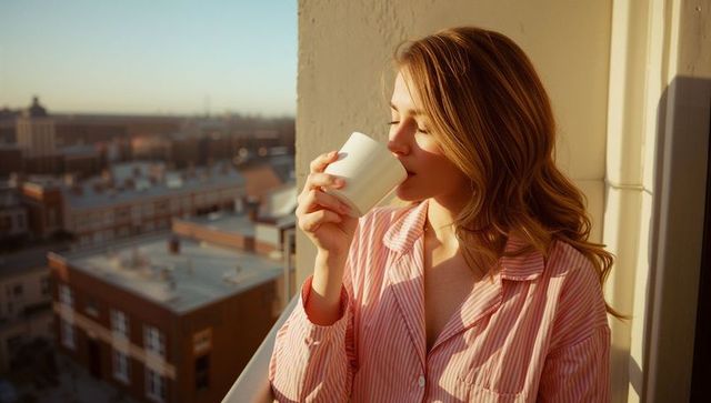 Woman sipping coffee on balcony with urban view in morning light