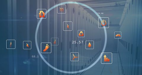 Eco-Tech Icons Over Data Center Server Room Interface - Download Free Stock Images Pikwizard.com