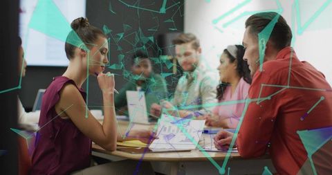 Corporate Team Meeting with AR Data Overlay in Modern Office