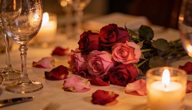 Romantic Candlelit Dinner Table Glowing with Red and Pink Roses and Scattered Petals