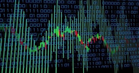 Digital Finance Data Visualization with Binary Matrix Overlay, Candlestick Chart and Neon Bars