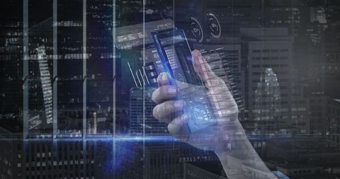 Futuristic Businessman Analyzing Holographic Data Charts in Highrise Office