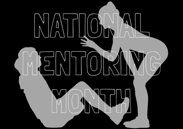 Silhouetted figures illustrating mentorship on black background. 'National Mentoring Month' text in bold letters emphasizes the campaign. Ideal for social media posts, awareness campaigns, and educational materials to promote the importance of mentoring.