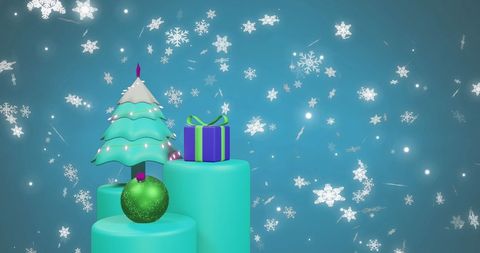 Festive Christmas Decor with Tree, Gifts and Falling Snowflakes