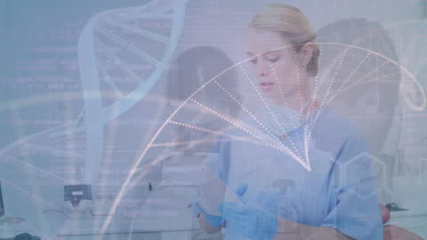 Caucasian Doctor Analyzing DNA Data on Tablet