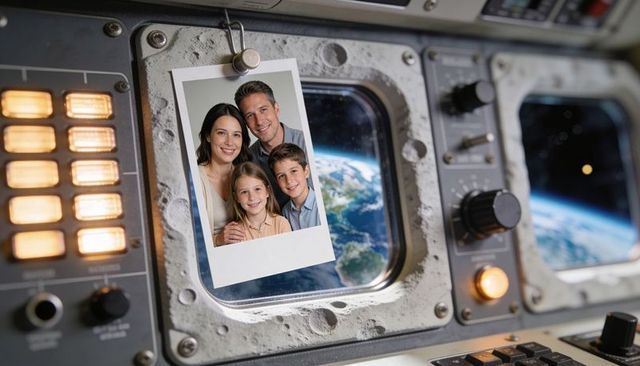 Polaroid family portrait hanging in spacecraft cockpit with earth visible through porthole