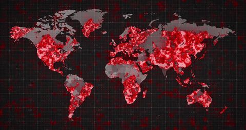 illustration featuring world map visually demonstrating global spread of covid-19 pandemic with highlighting in red. ideal for publications on global health reports, pandemic impact studies, and public awareness campaigns on coronavirus.