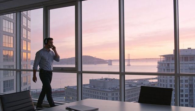 Executive walking and talking on headset in glass-walled boardroom at waterfront sunset
