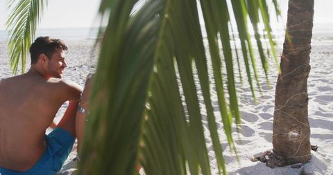 Couple relaxing under palm frond on tropical beach