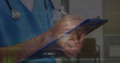 Healthcare Professional Writing on Clipboard in Hospital with Digital Overlay
