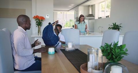 Family morning routine with breakfast prep and school preparation