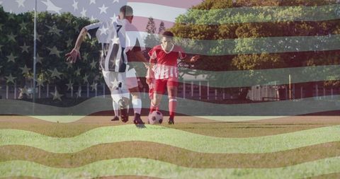 Athletes competing in soccer match with american flag overlay