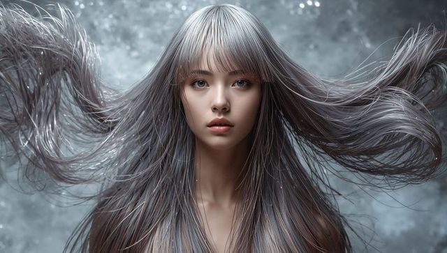 Silver-Gray Hair Portrait Showing Ethereal Female with Flowing Tresses, Bangs, Serene Gaze