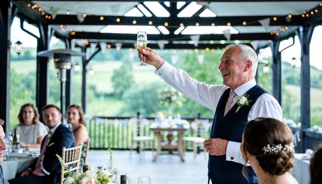 Senior man raising champagne toast at rustic outdoor wedding reception under pavilion