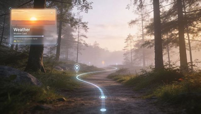 Sunrise forest navigation hud guiding glowing route along misty woodland trail