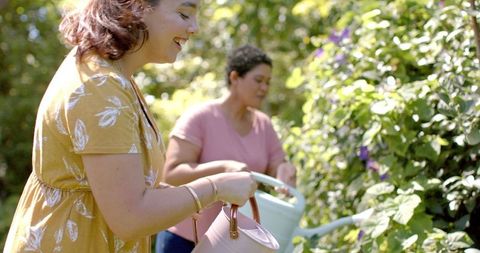 Two Women Watering Plants Together Enjoying Gardening Outdoors