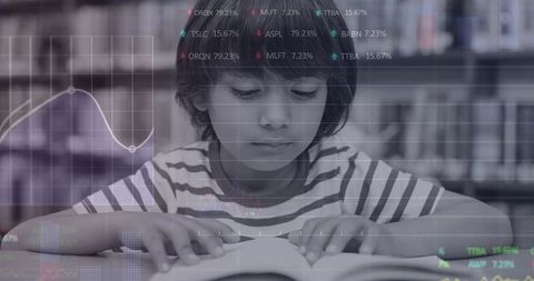 boy studying in library with financial data overlay - Download Free Stock Images Pikwizard.com