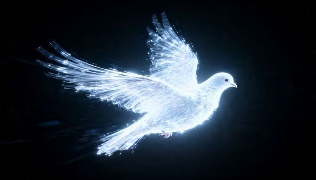 Glowing dove soaring through dark void with fiber-optic light trails and sparks