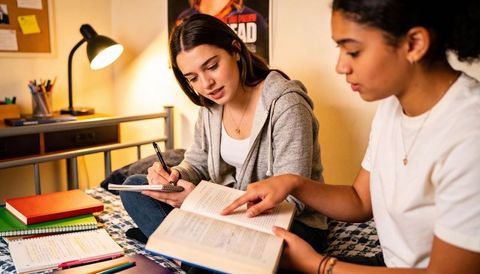 College roommates studying together on dorm bed taking notes and discussing textbook