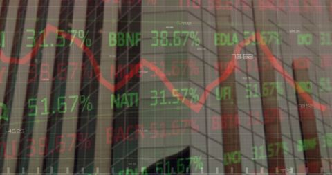 Financial Data Display Overlaid on Office Skyscraper