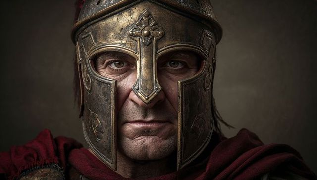 Stoic roman centurion staring through ornate patinated bronze helmet wearing red cloak